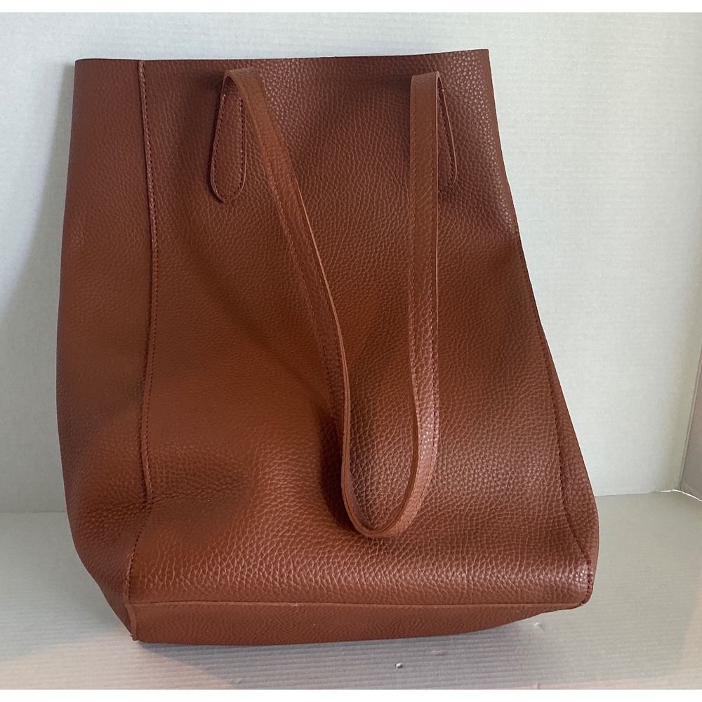 CatLadyBox Brown Pebbled Vegan Leather Tote Bag Cat Ear Pocket Large Minimalist